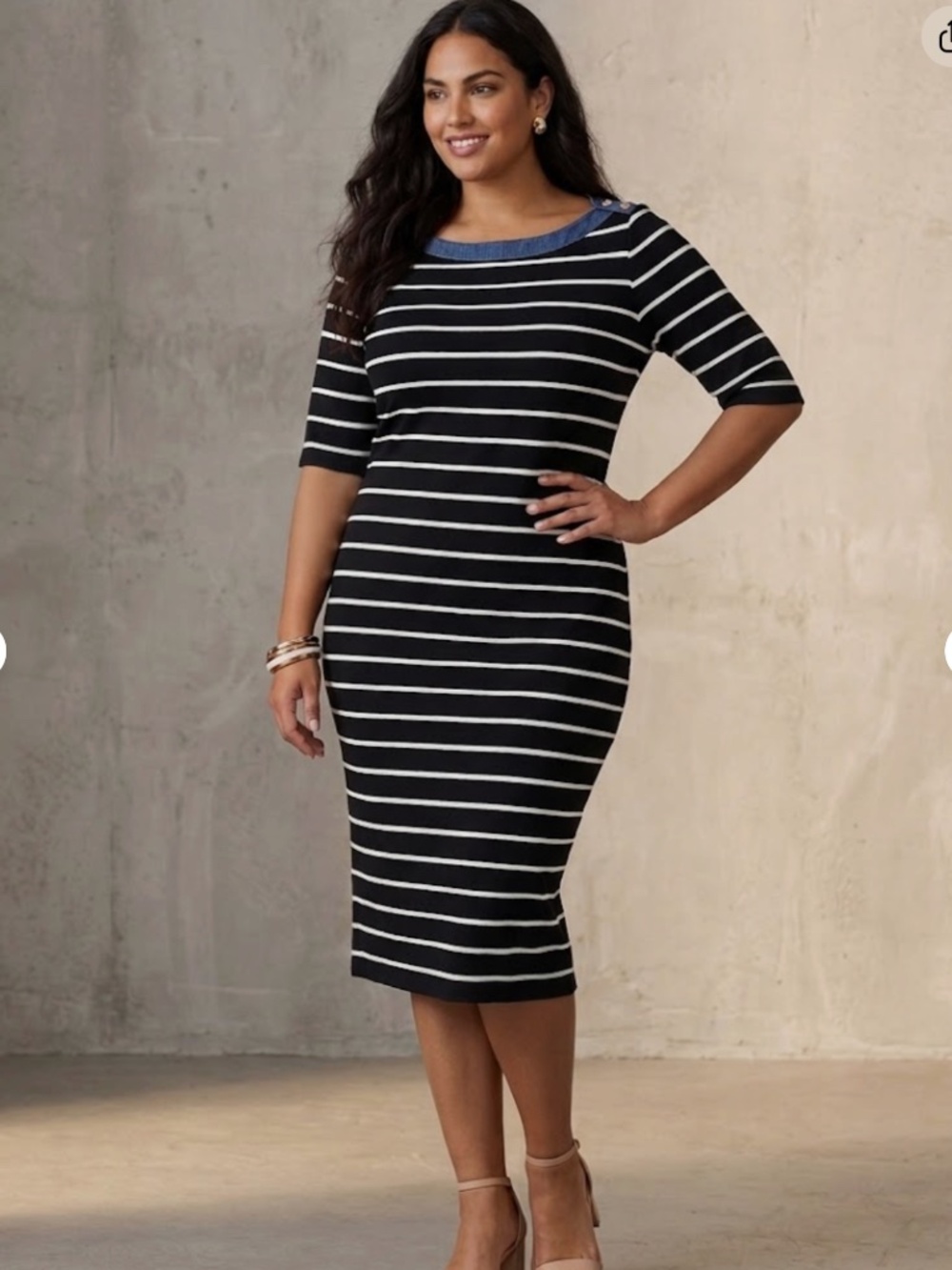 Tommy Hilfiger Black White Blue Striped Sheath Dress 3/4 Boat Neck Knit 6